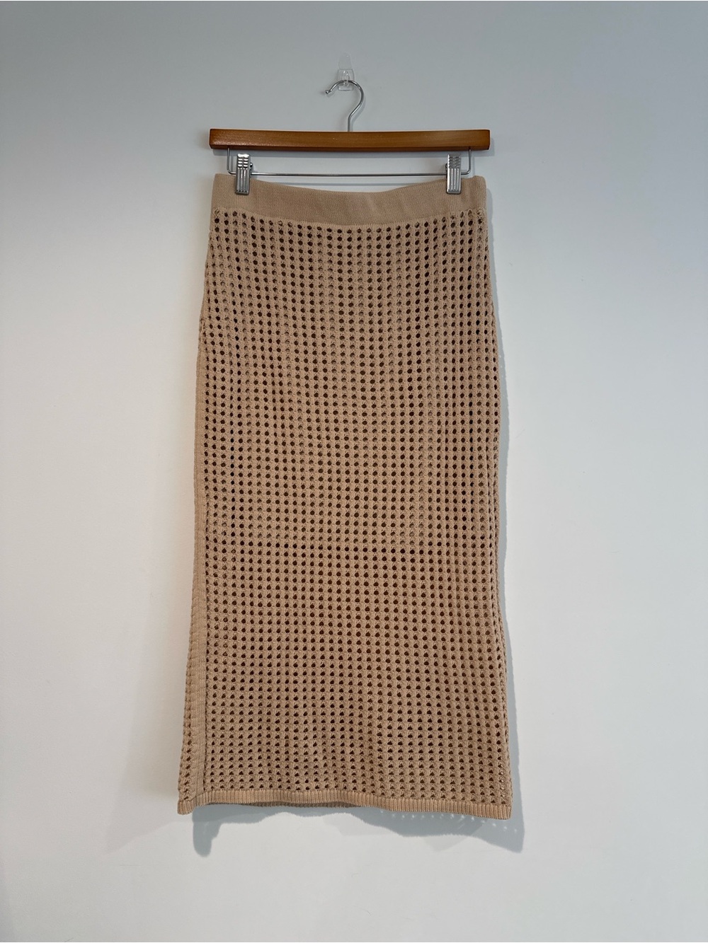 Astr Crochet Knit Pencil Skirt in Beige